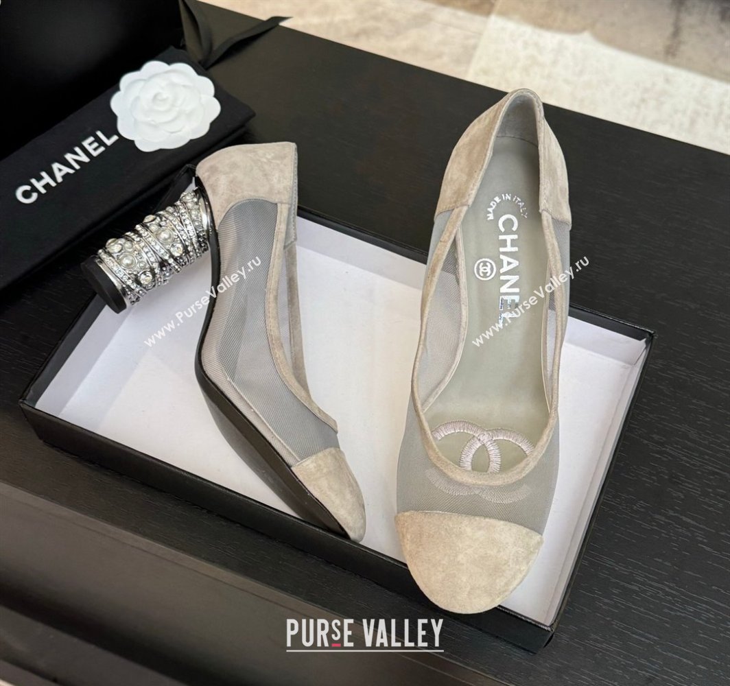 Chanel Suede Mesh Pumps 8.5cm with Strass and Pearls Grey 2025 CH030410 (MD-250304141)