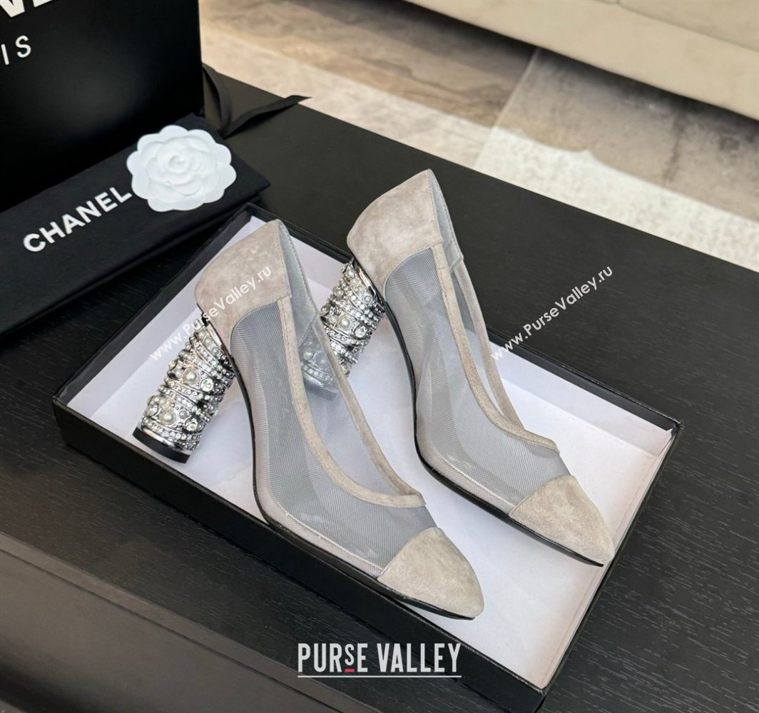 Chanel Suede Mesh Pumps 8.5cm with Strass and Pearls Grey 2025 CH030410 (MD-250304141)
