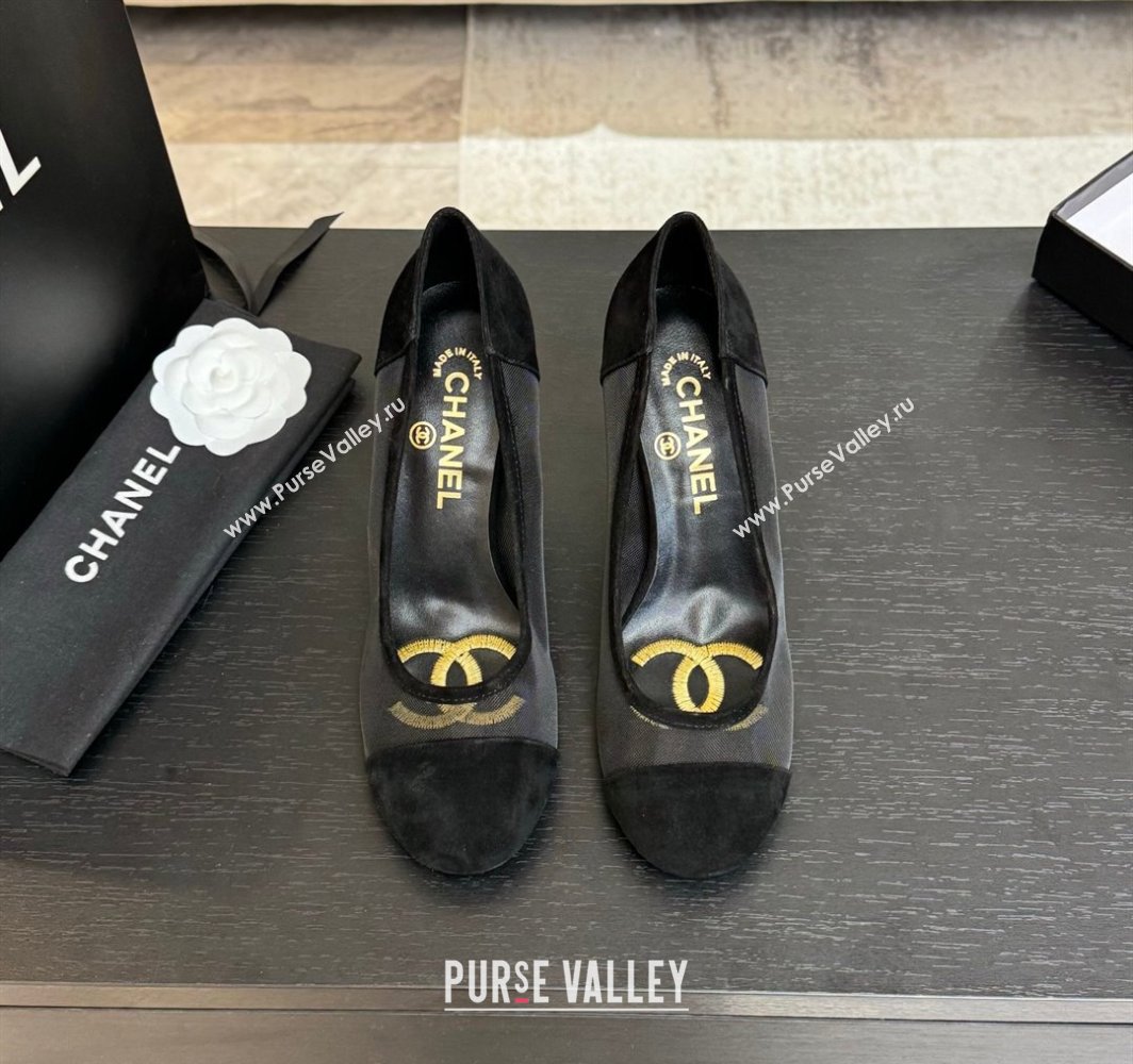 Chanel Suede Mesh Pumps 8.5cm with Strass and Pearls Black 2025 CH030410 (MD-250304142)