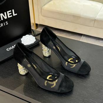 Chanel Suede Mesh Pumps 8.5cm with Strass and Pearls Black 2025 CH030410 (MD-250304142)