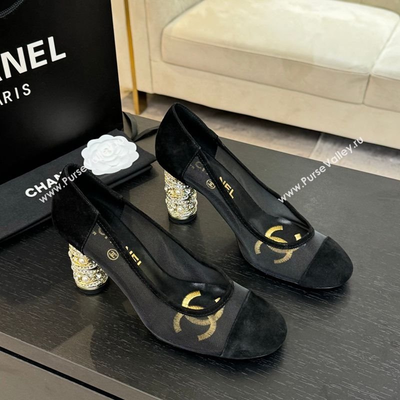 Chanel Suede Mesh Pumps 8.5cm with Strass and Pearls Black 2025 CH030410 (MD-250304142)