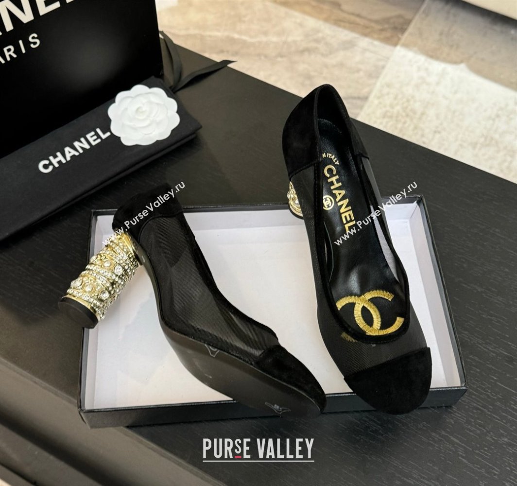 Chanel Suede Mesh Pumps 8.5cm with Strass and Pearls Black 2025 CH030410 (MD-250304142)