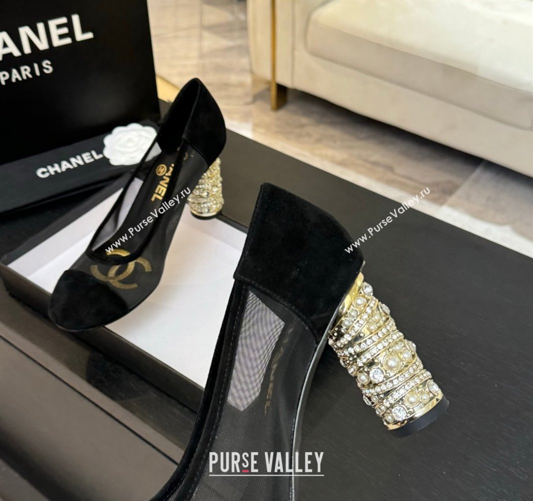 Chanel Suede Mesh Pumps 8.5cm with Strass and Pearls Black 2025 CH030410 (MD-250304142)