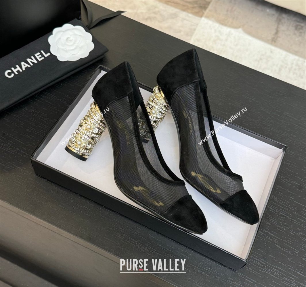 Chanel Suede Mesh Pumps 8.5cm with Strass and Pearls Black 2025 CH030410 (MD-250304142)