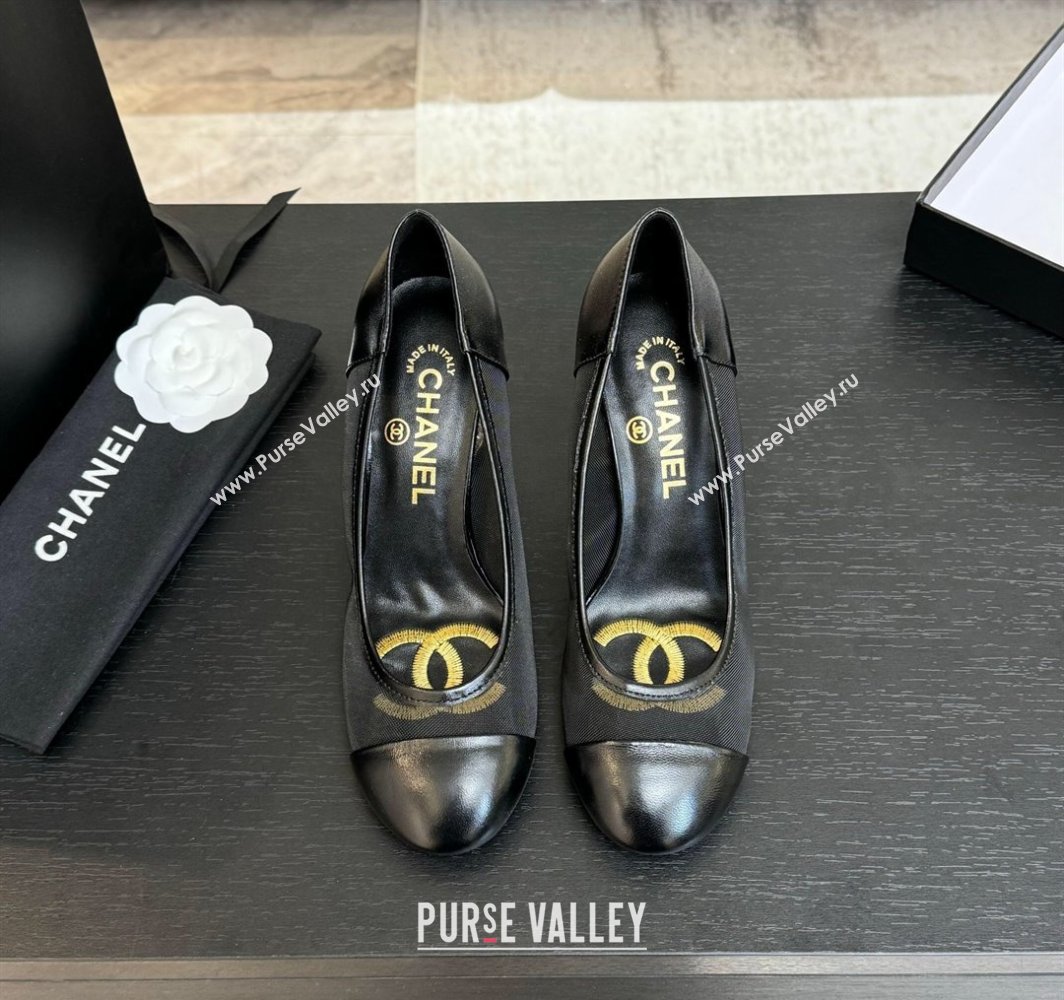 Chanel Oil Leather Mesh Pumps 8.5cm with Strass and Pearls Black 2025 CH030410 (MD-250304143)