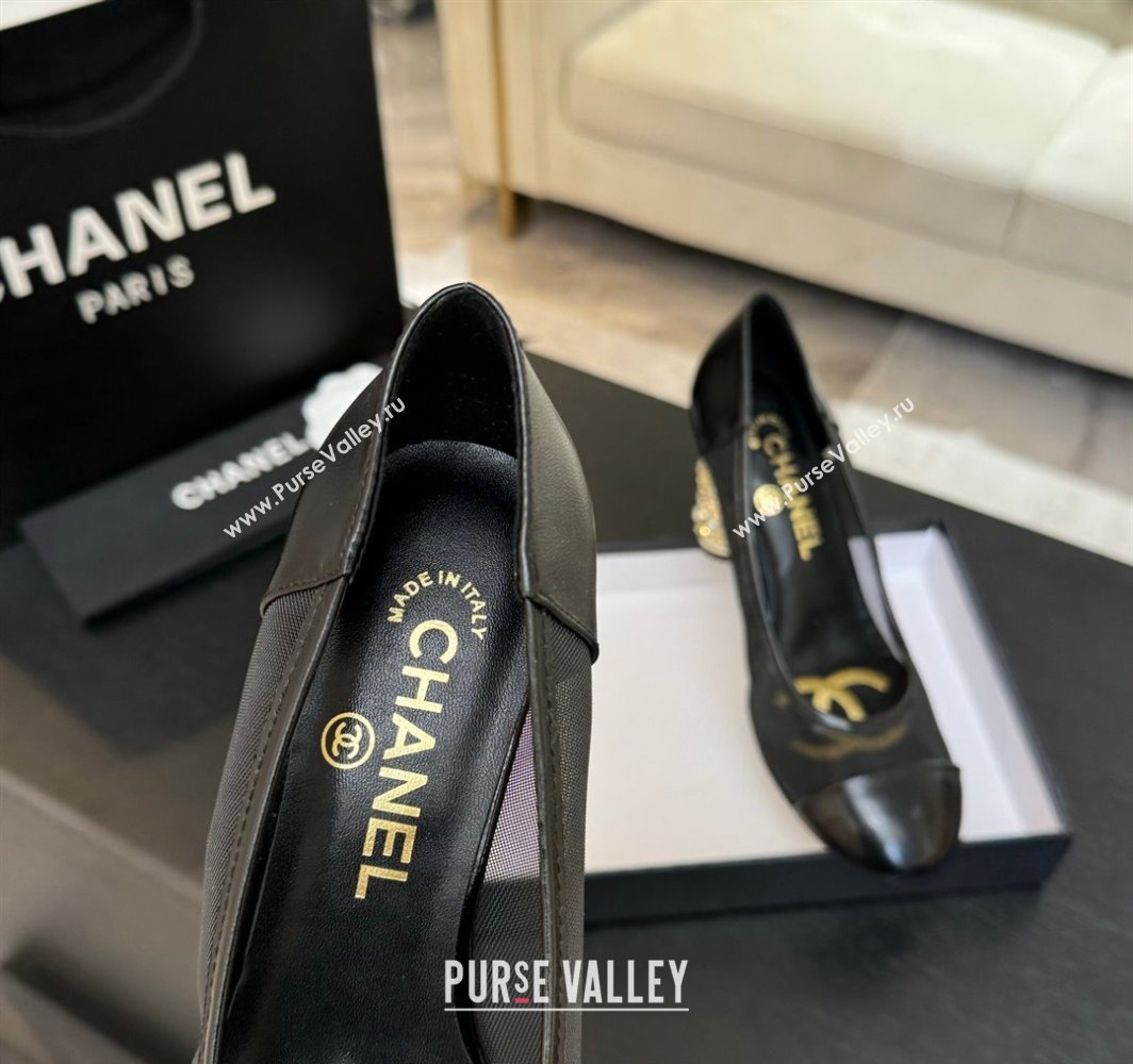 Chanel Oil Leather Mesh Pumps 8.5cm with Strass and Pearls Black 2025 CH030410 (MD-250304143)