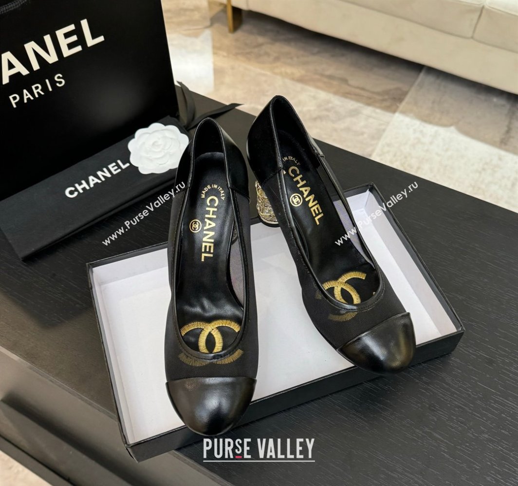 Chanel Oil Leather Mesh Pumps 8.5cm with Strass and Pearls Black 2025 CH030410 (MD-250304143)