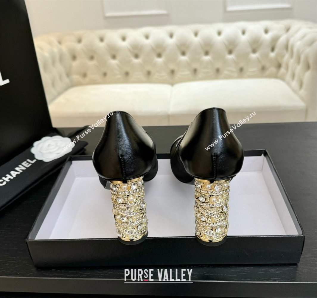 Chanel Oil Leather Mesh Pumps 8.5cm with Strass and Pearls Black 2025 CH030410 (MD-250304143)