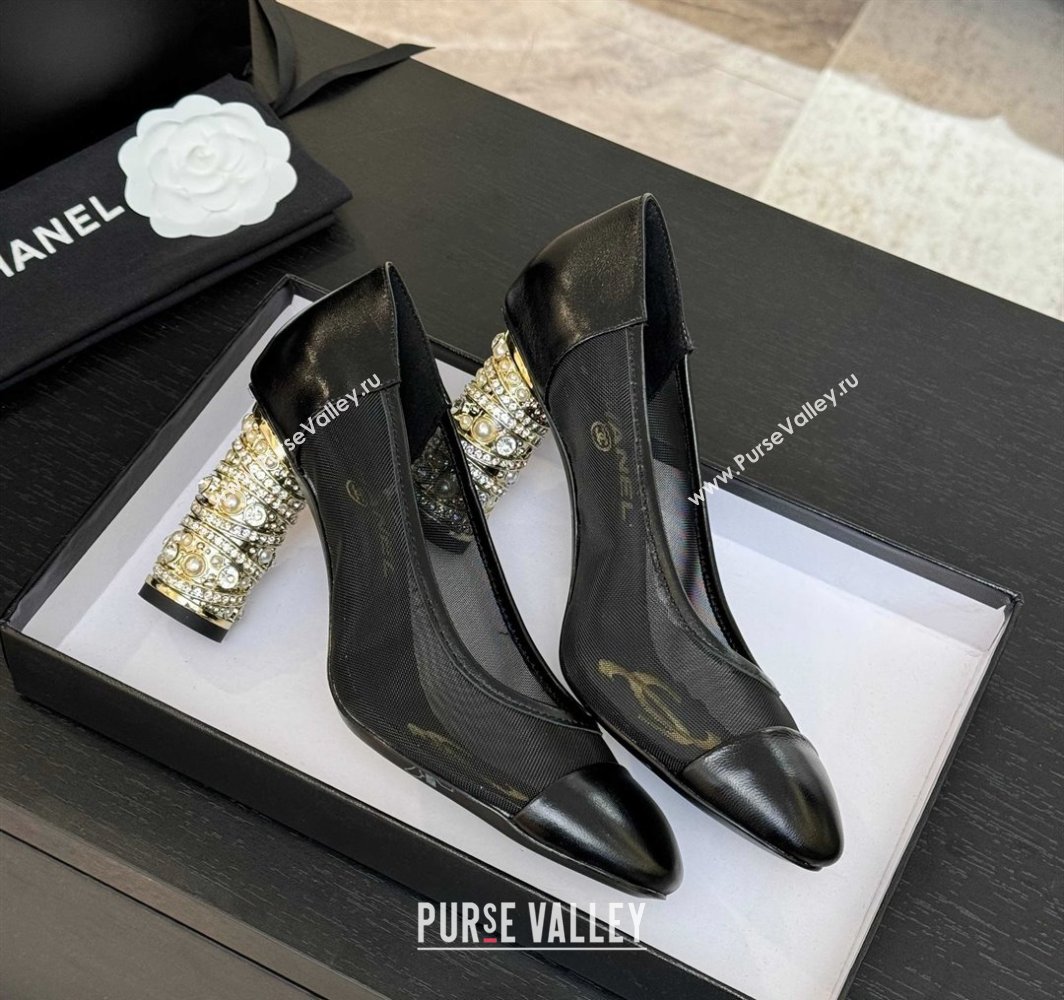 Chanel Oil Leather Mesh Pumps 8.5cm with Strass and Pearls Black 2025 CH030410 (MD-250304143)