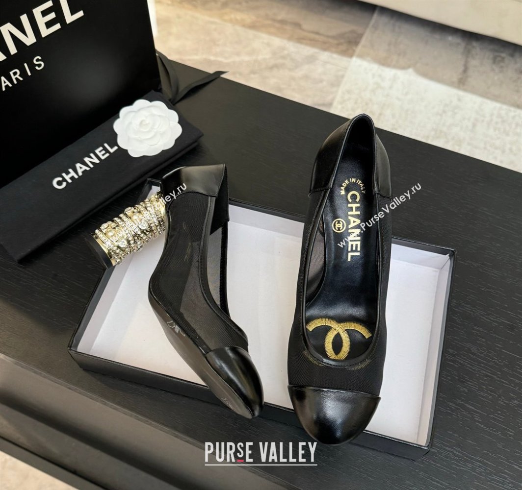 Chanel Oil Leather Mesh Pumps 8.5cm with Strass and Pearls Black 2025 CH030410 (MD-250304143)