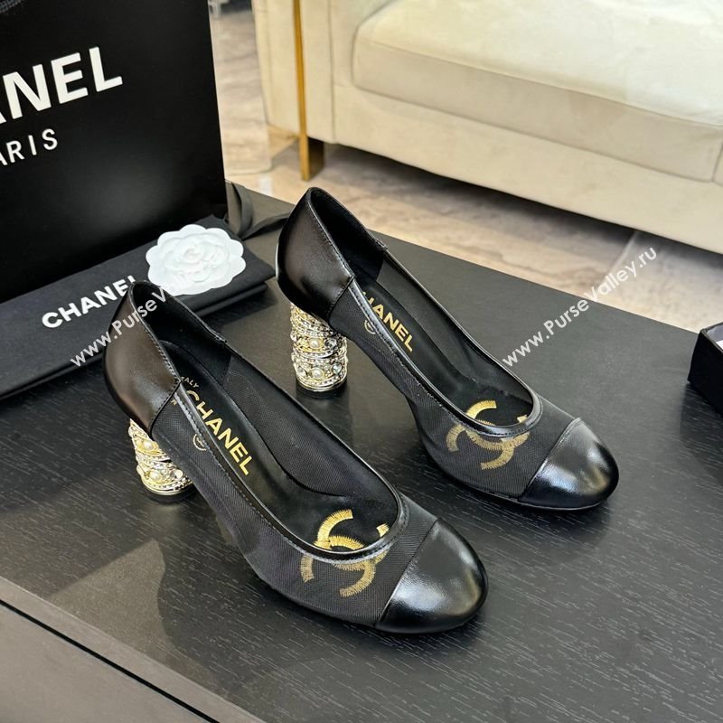 Chanel Oil Leather Mesh Pumps 8.5cm with Strass and Pearls Black 2025 CH030410 (MD-250304143)