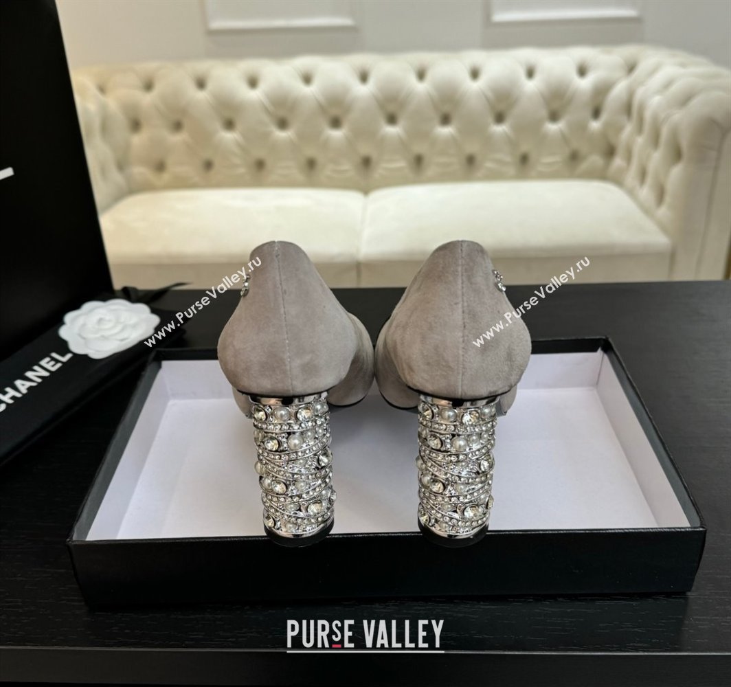 Chanel Suede Grosgrain Pumps 8.5cm with Strass and Pearls Grey 2025 CH030410 (MD-250304144)