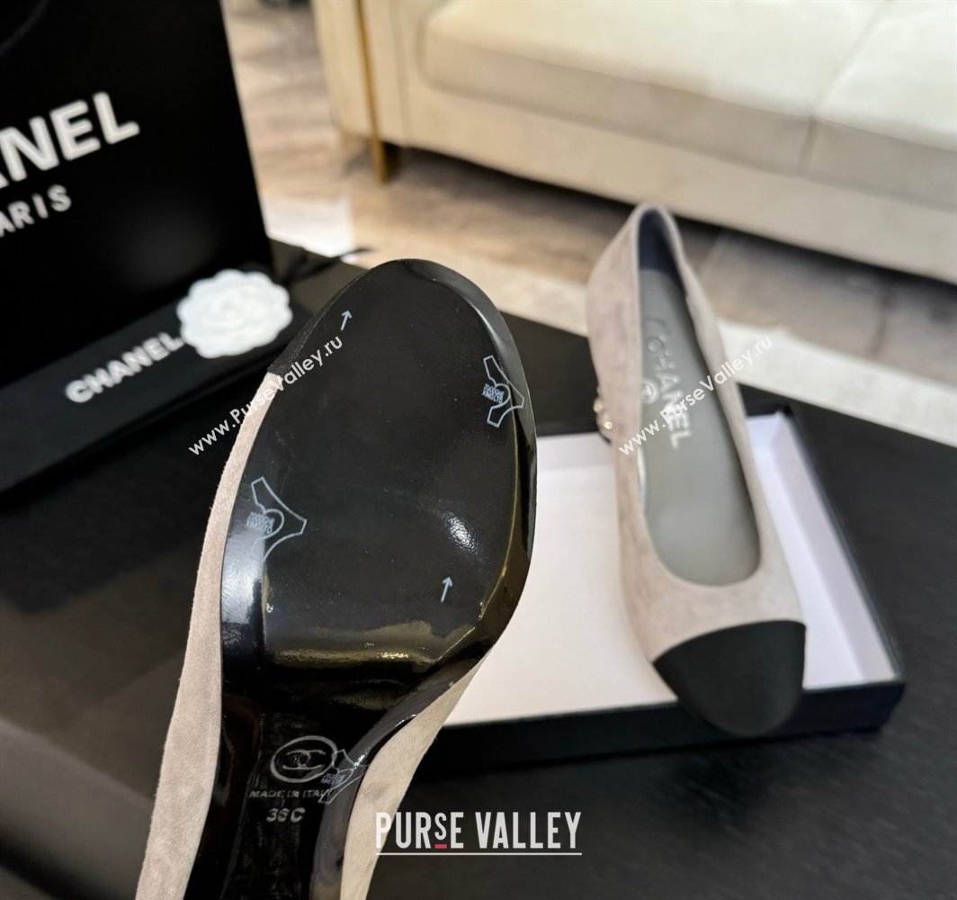 Chanel Suede Grosgrain Pumps 8.5cm with Strass and Pearls Grey 2025 CH030410 (MD-250304144)
