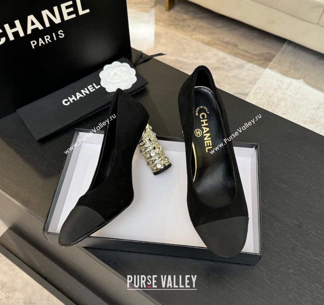 Chanel Suede Grosgrain Pumps 8.5cm with Strass and Pearls Black 2025 CH030410 (MD-250304145)