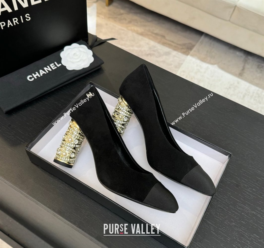 Chanel Suede Grosgrain Pumps 8.5cm with Strass and Pearls Black 2025 CH030410 (MD-250304145)