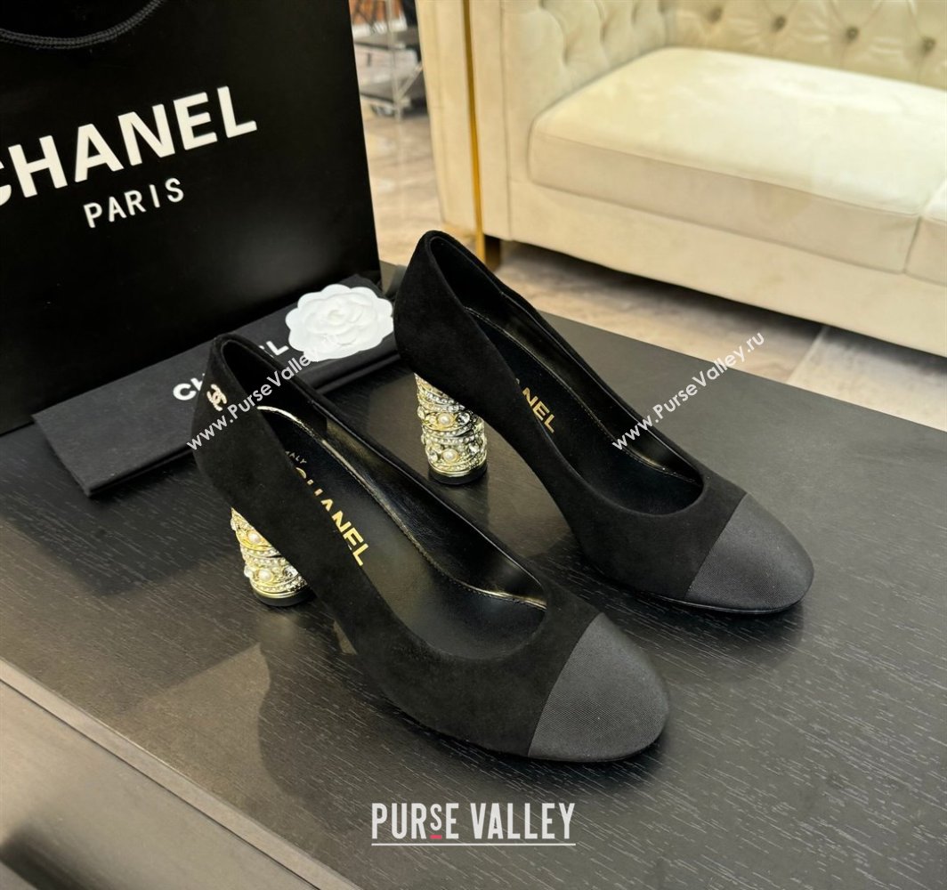 Chanel Suede Grosgrain Pumps 8.5cm with Strass and Pearls Black 2025 CH030410 (MD-250304145)