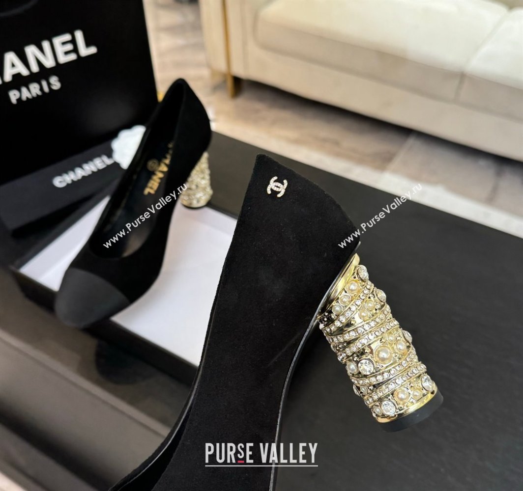 Chanel Suede Grosgrain Pumps 8.5cm with Strass and Pearls Black 2025 CH030410 (MD-250304145)