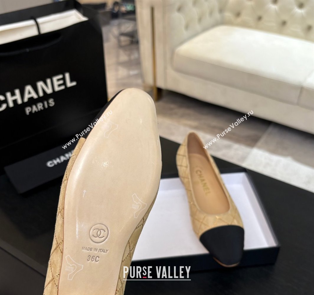 Chanel Quilted Suede Grosgrain Ballet Flats Beige Yellow 2025 G02819 (MD-250228124)