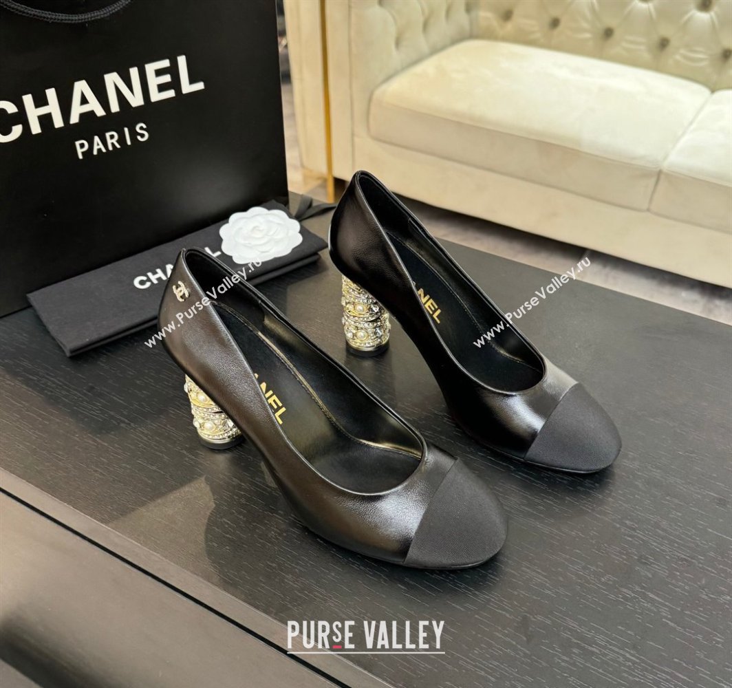 Chanel Oil Leather Grosgrain Pumps 8.5cm with Strass and Pearls Black 2025 CH030410 (MD-250304146)
