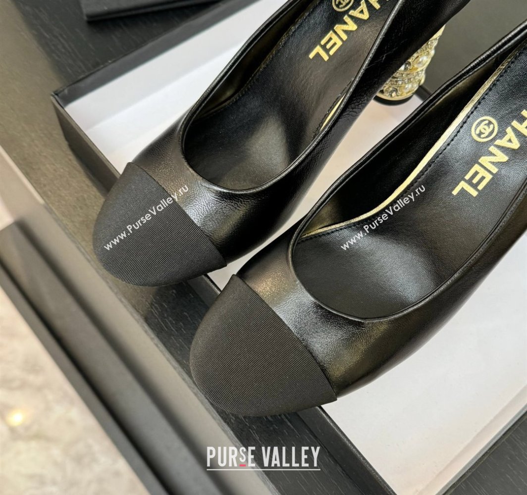 Chanel Oil Leather Grosgrain Pumps 8.5cm with Strass and Pearls Black 2025 CH030410 (MD-250304146)