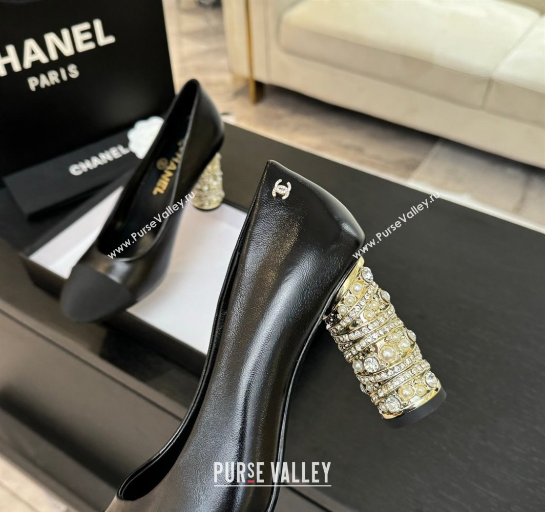 Chanel Oil Leather Grosgrain Pumps 8.5cm with Strass and Pearls Black 2025 CH030410 (MD-250304146)