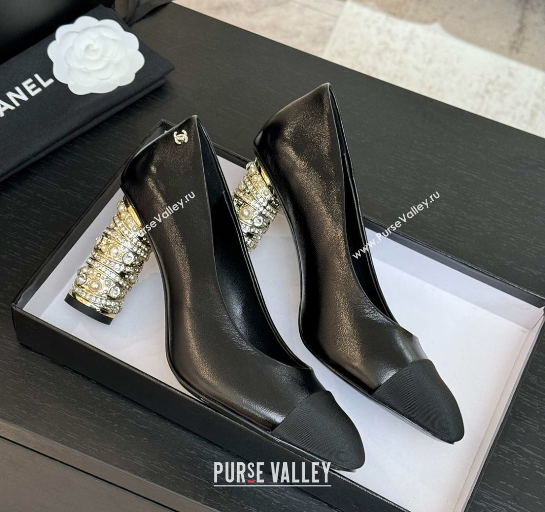 Chanel Oil Leather Grosgrain Pumps 8.5cm with Strass and Pearls Black 2025 CH030410 (MD-250304146)