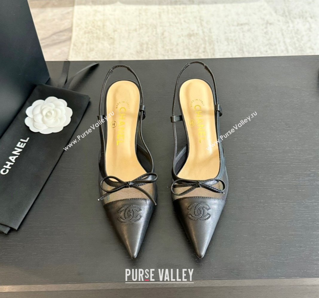 Chanel Lambskin and Mesh Slingback Pumps with Bow Black 2025 CH030411 (MD-250304154)