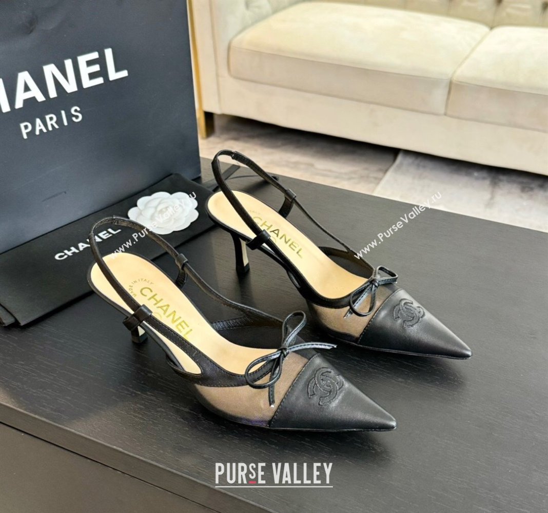 Chanel Lambskin and Mesh Slingback Pumps with Bow Black 2025 CH030411 (MD-250304154)
