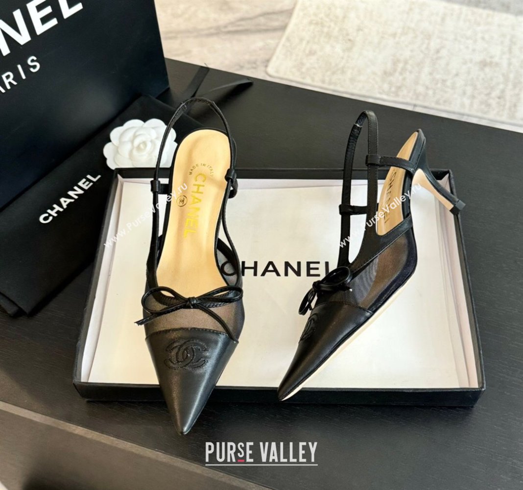 Chanel Lambskin and Mesh Slingback Pumps with Bow Black 2025 CH030411 (MD-250304154)