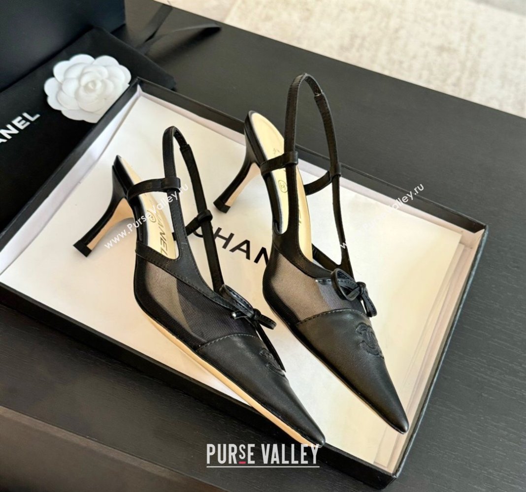 Chanel Lambskin and Mesh Slingback Pumps with Bow Black 2025 CH030411 (MD-250304154)