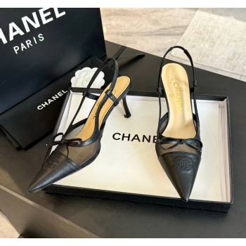 Chanel Lambskin and Mesh Slingback Pumps with Bow Black 2025 CH030411 (MD-250304154)