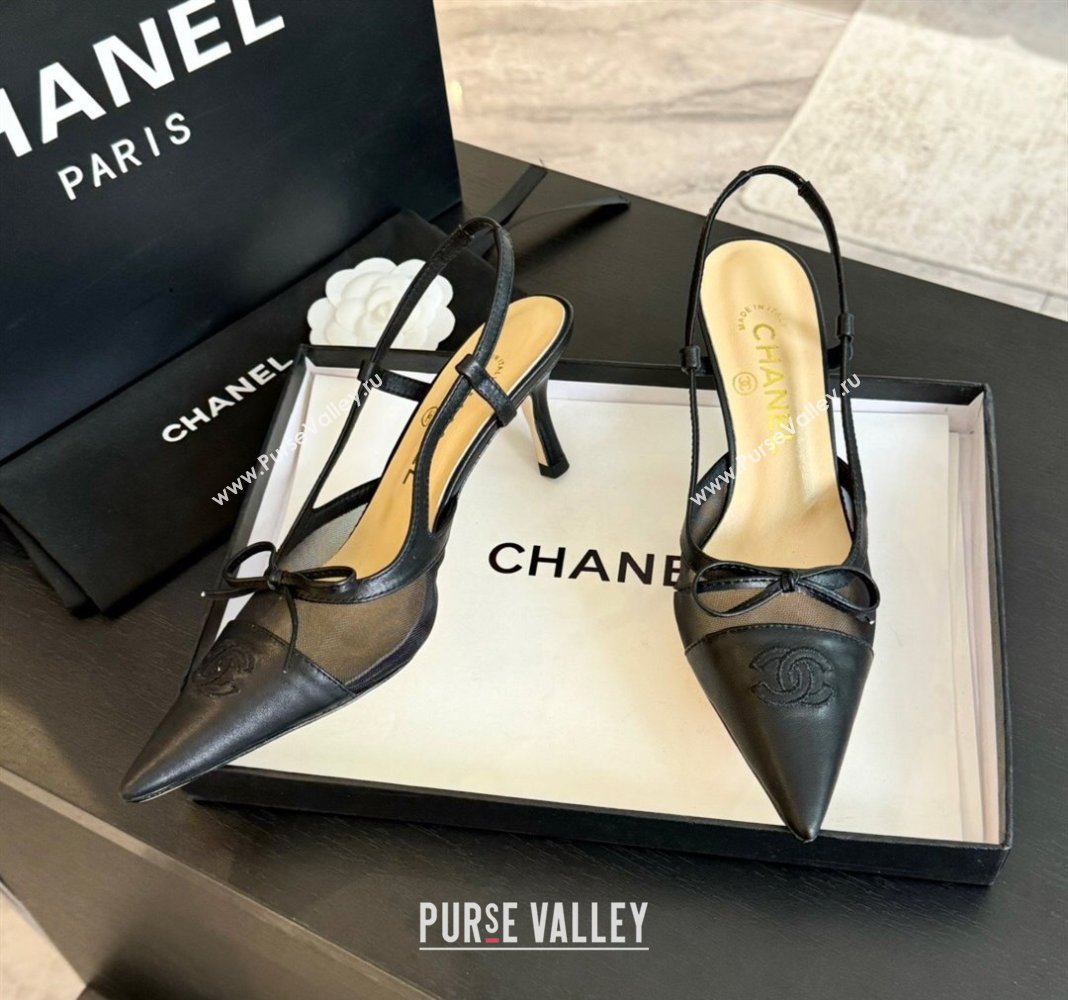 Chanel Lambskin and Mesh Slingback Pumps with Bow Black 2025 CH030411 (MD-250304154)