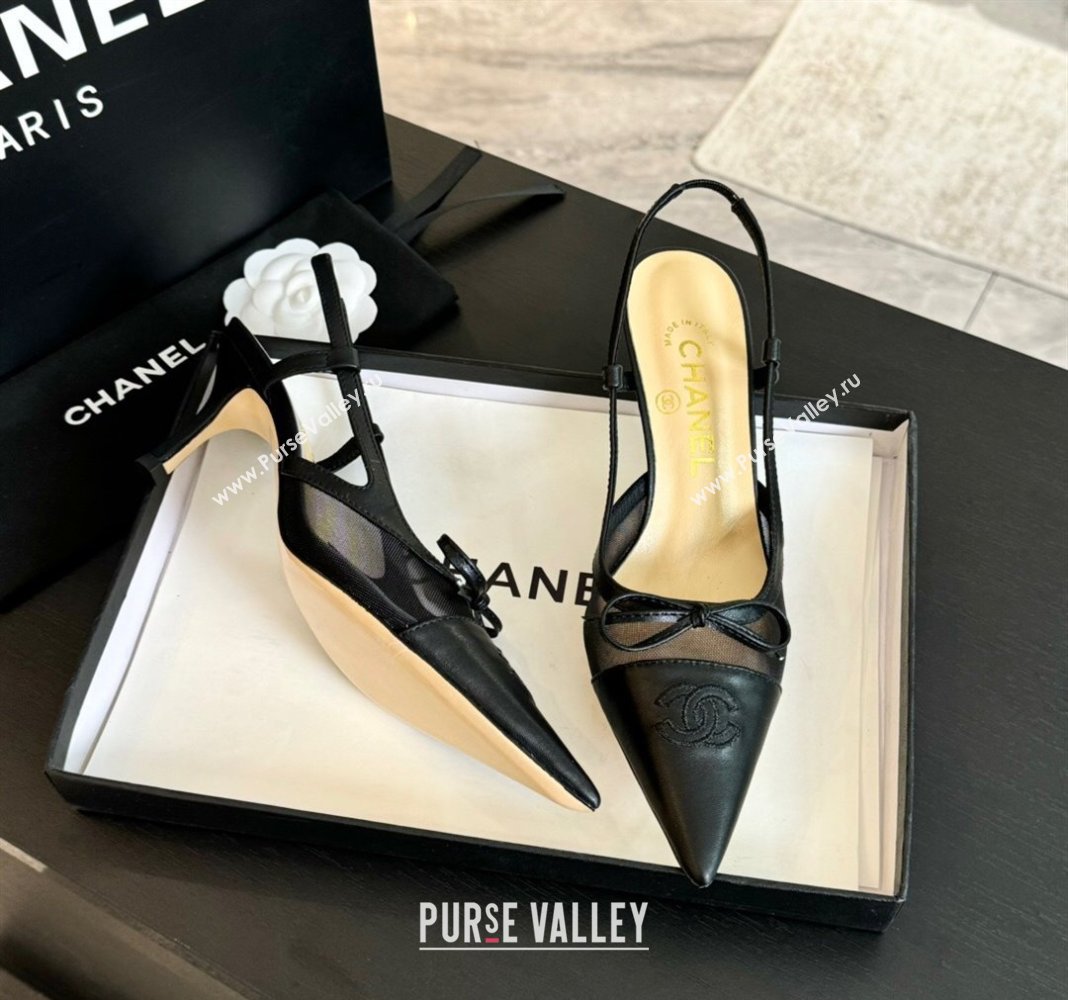 Chanel Lambskin and Mesh Slingback Pumps with Bow Black 2025 CH030411 (MD-250304154)