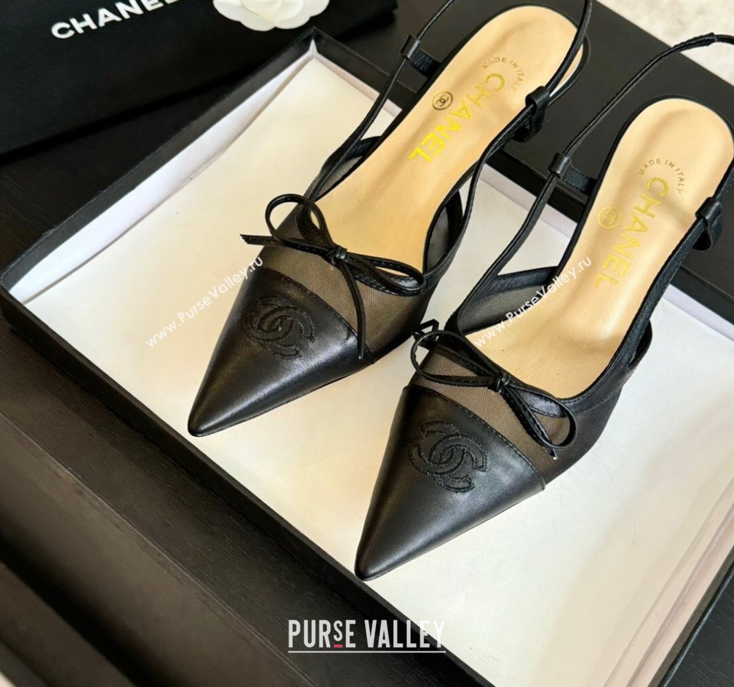 Chanel Lambskin and Mesh Slingback Pumps with Bow Black 2025 CH030411 (MD-250304154)