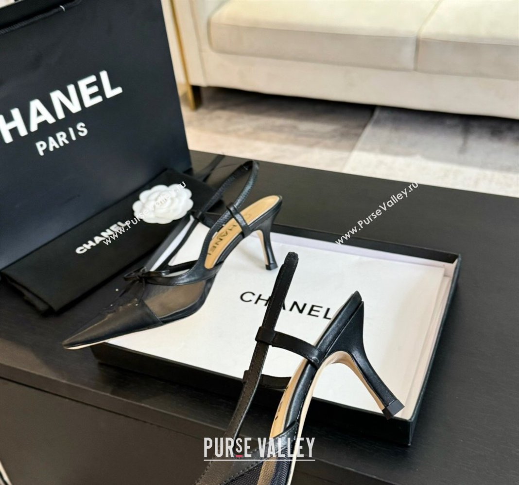 Chanel Lambskin and Mesh Slingback Pumps with Bow Black 2025 CH030411 (MD-250304154)