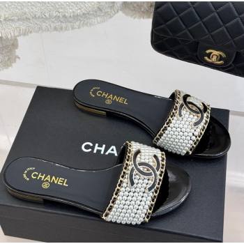 Chanel Pearls and Chain Flat Slides Sandal Black 2025 CH030412 (MD-250304156)