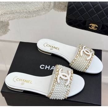 Chanel Pearls and Chain Flat Slides Sandal White 2025 CH030412 (MD-250304157)