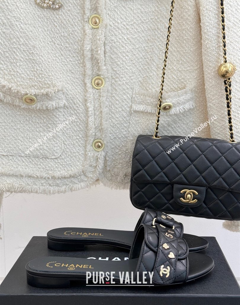 Chanel Quilted Lambskin Flat Slides Sandal with Charm and Buckle Black 2025 CH030413 (MD-250304158)