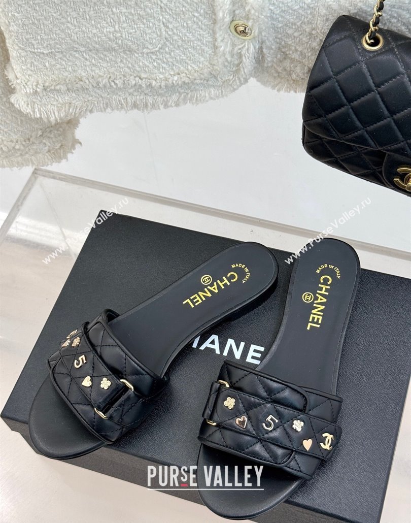 Chanel Quilted Lambskin Flat Slides Sandal with Charm and Buckle Black 2025 CH030413 (MD-250304158)