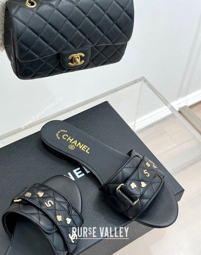 Chanel Quilted Lambskin Flat Slides Sandal with Charm and Buckle Black 2025 CH030413 (MD-250304158)