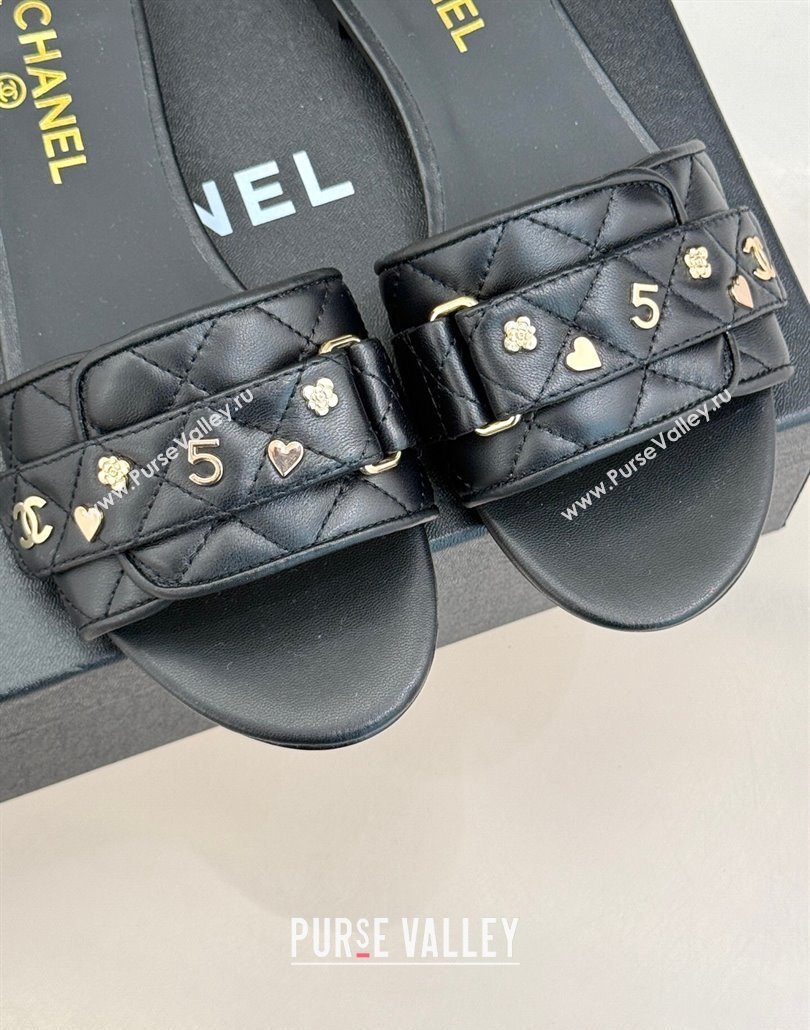 Chanel Quilted Lambskin Flat Slides Sandal with Charm and Buckle Black 2025 CH030413 (MD-250304158)