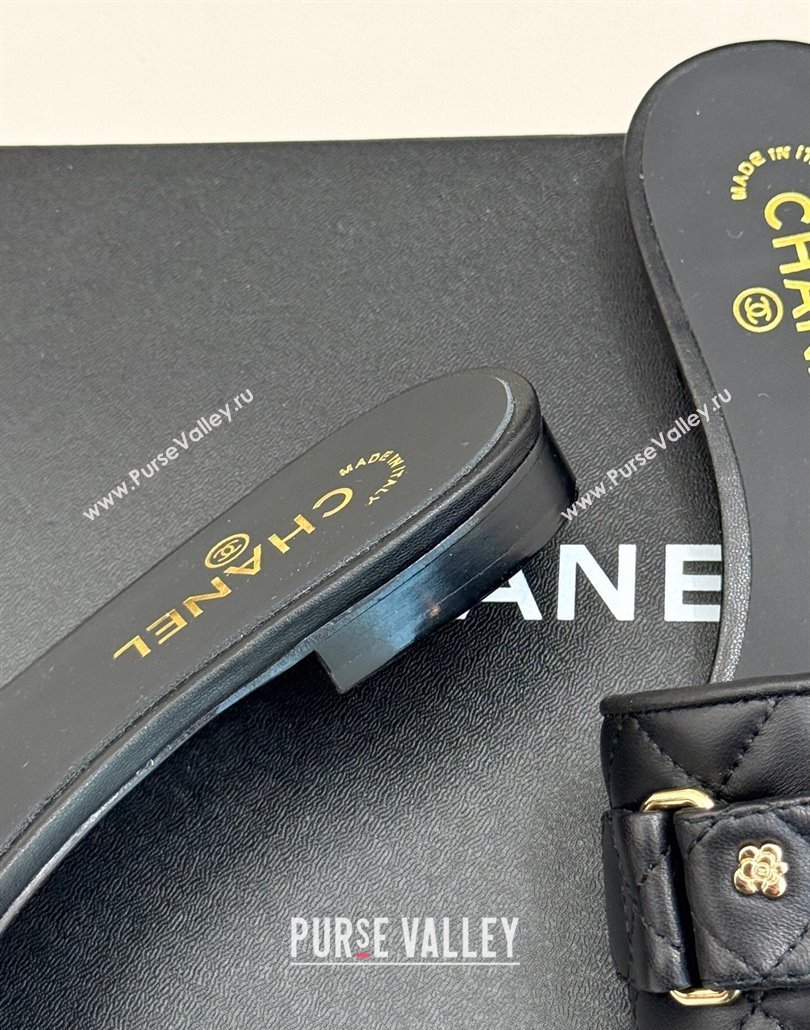 Chanel Quilted Lambskin Flat Slides Sandal with Charm and Buckle Black 2025 CH030413 (MD-250304158)