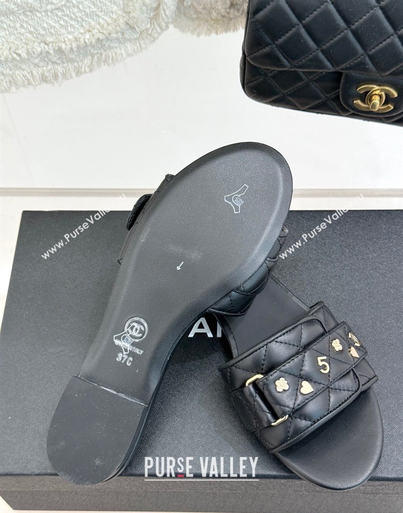 Chanel Quilted Lambskin Flat Slides Sandal with Charm and Buckle Black 2025 CH030413 (MD-250304158)