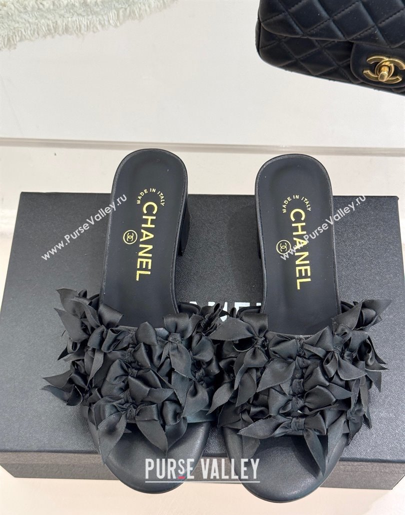 Chanel Bow Crowd Heel Slides Sandal 5cm Black 2025 CH030414 (MD-250304160)