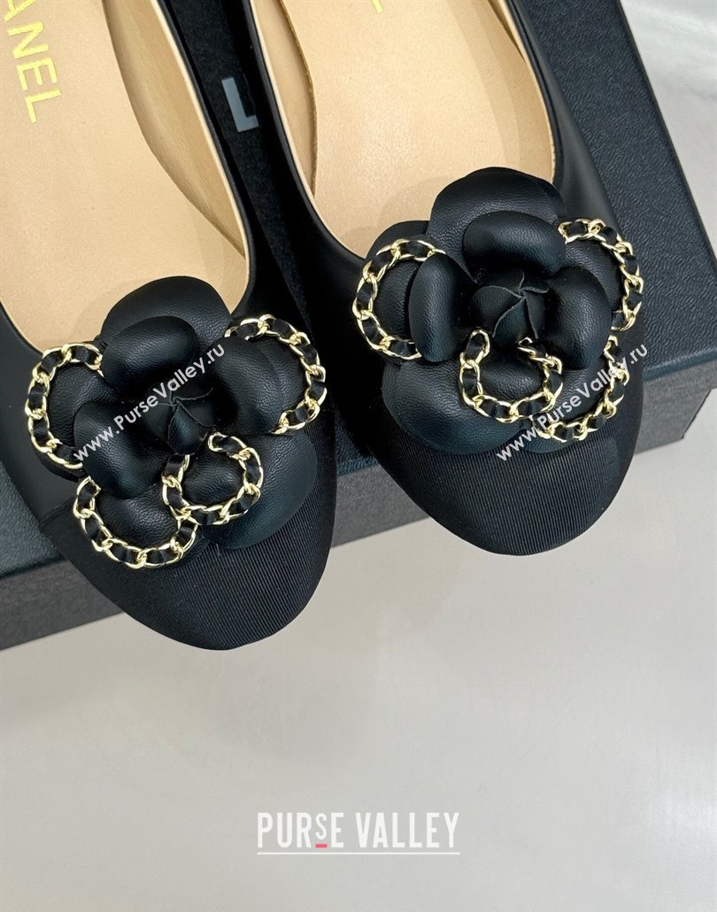 Chanel Lambskin Ballet Flats with Camellia Bloom and Chain Black 2025 CH030306 (MD-250303059)