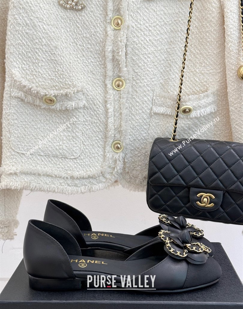 Chanel Lambskin Open Flats Shoes with Camellia Bloom and Chain Black 2025 CH030306 (MD-250303063)