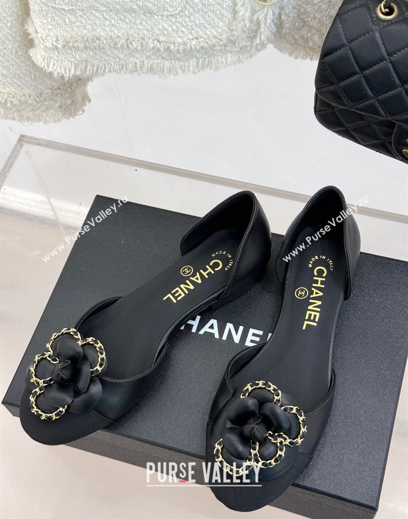Chanel Lambskin Open Flats Shoes with Camellia Bloom and Chain Black 2025 CH030306 (MD-250303063)