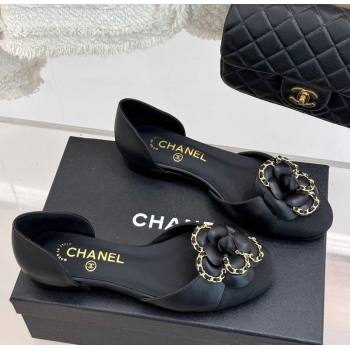 Chanel Lambskin Open Flats Shoes with Camellia Bloom and Chain Black 2025 CH030306 (MD-250303063)