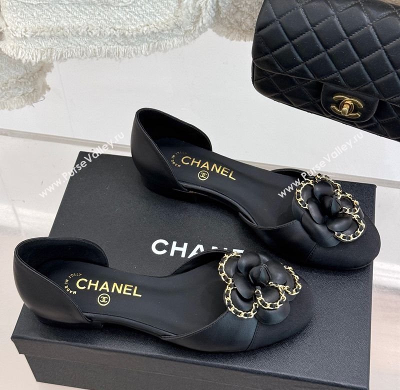 Chanel Lambskin Open Flats Shoes with Camellia Bloom and Chain Black 2025 CH030306 (MD-250303063)