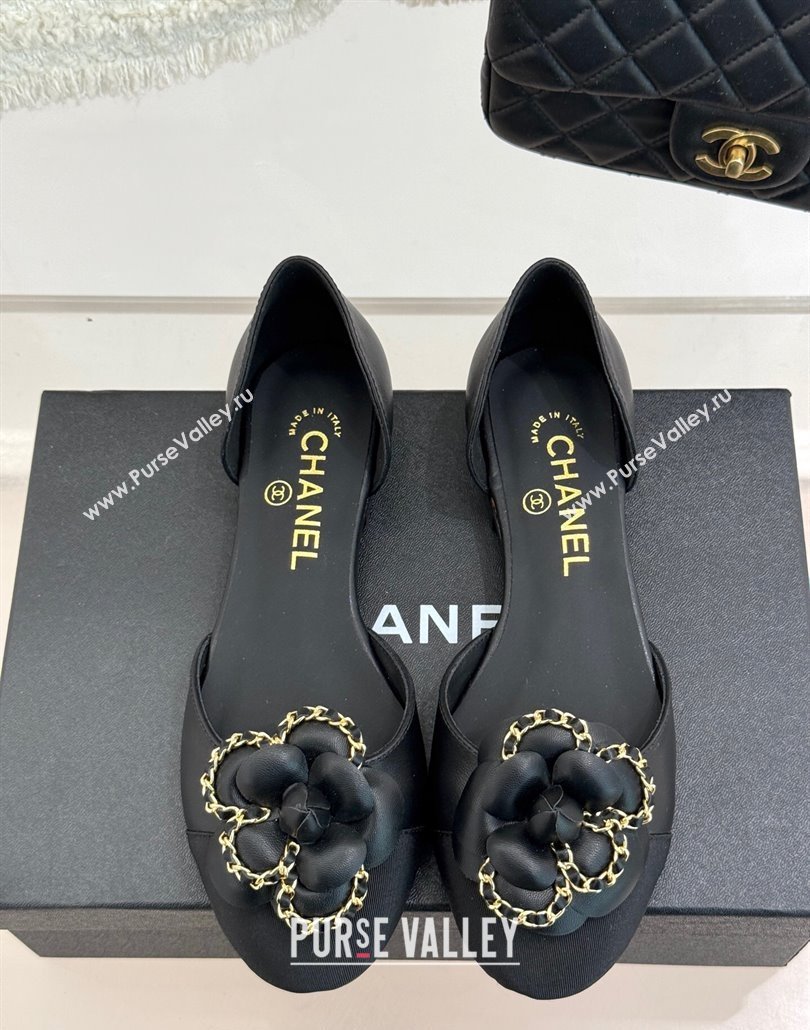 Chanel Lambskin Open Flats Shoes with Camellia Bloom and Chain Black 2025 CH030306 (MD-250303063)